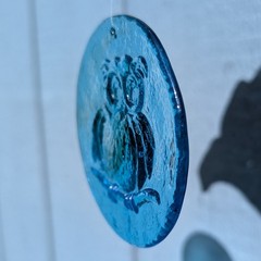 Vintage Brilliant Blue Owl Suncatcher Glass Round Disk Textured Raised Ornament