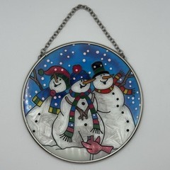 Joan Baker Designs 2001 Hand-Painted Glass Suncatcher – “3 Snowmen” – Original