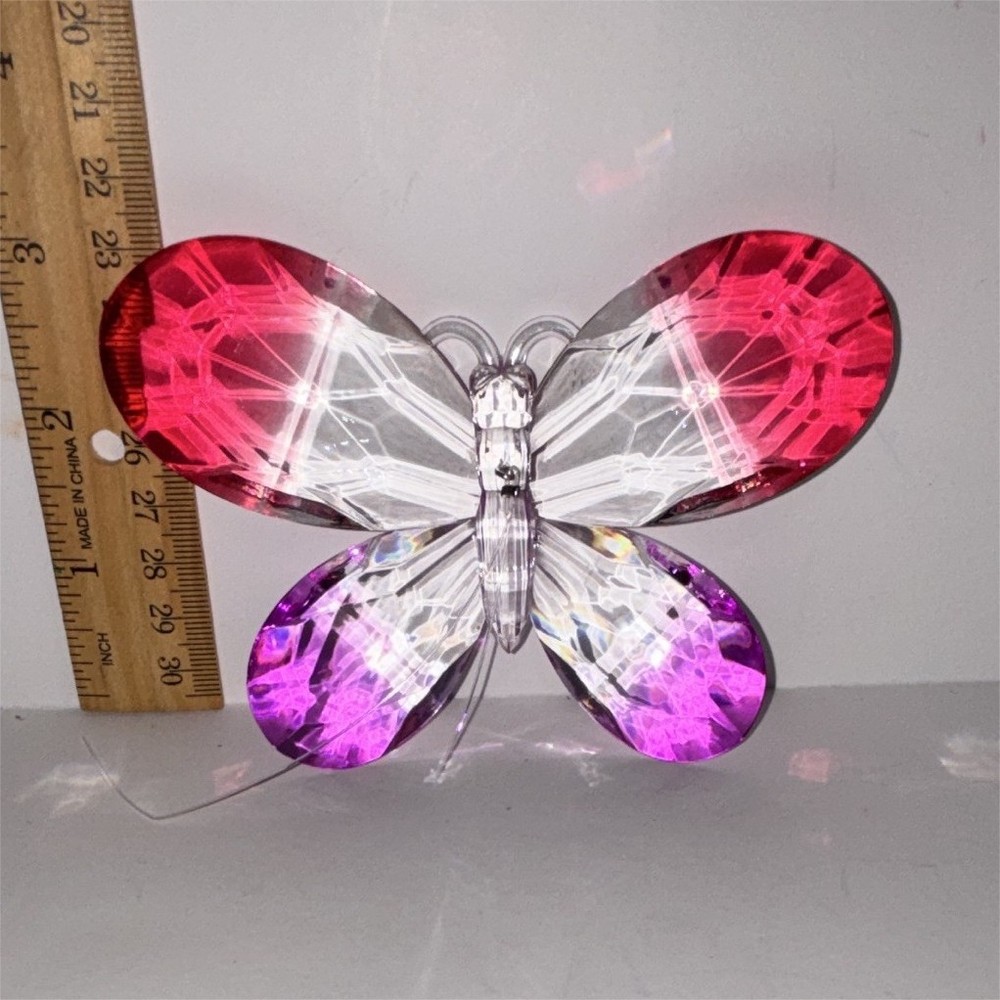 Glass Butterfly Suncatcher, Clear Pink Purple, 6 in Long x 4 in High