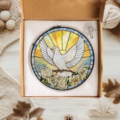 White Dove Stained Glass Suncatcher, Peace Bird Window Hanging with Roses