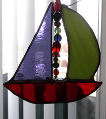 Stained Glass Sailboat 6″ Suncatcher – Green/Red/Purple -Handmade Nautical Decor