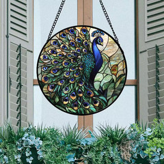 7.8X7.8 In. Stained Glass Window Hanging, Turquoise Peacock Sun Catcher for Outd