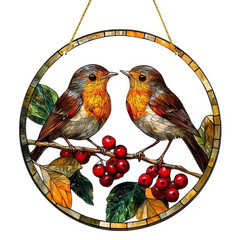Robin Birds Red Berry Acrylic Suncatcher Nature Lover Window Hanging Home Decor