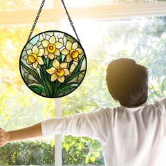 “Stained Glass Daffodil Sun Catcher Panel for Home Decor and Gifts”