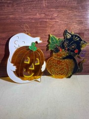 Vintage Lot of 2 Halloween Plastic Suncatchers Black Cat Ghost Hugging Pumpkin