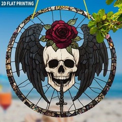 Skull Black Wing Red Rose Sword Acrylic Suncatcher Gothic Window Hanging Decor