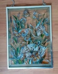 Vtg Hand Painted Glass Suncatcher Butterflies Bright Colors Denver.17.5″ x 11.5″