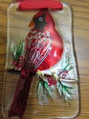 GLASS SUNCATCHER HAND-PAINTED CARDINAL BRANCH 4.5 X 2.5 INCHES