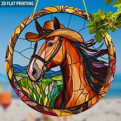 Cowboy Hat Horse Prairie Scene Round Acrylic Suncatcher Western Window Decor