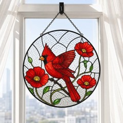 Cardinal and Poppy Suncatcher Glass Window Hanging Memorial Decor