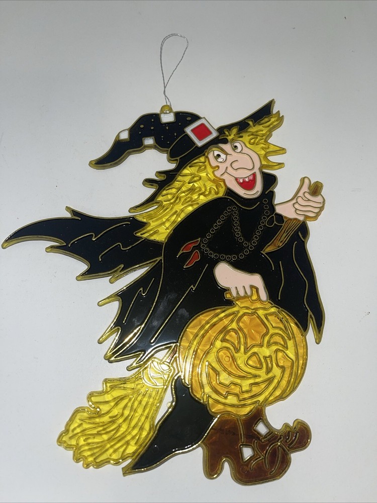 Halloween Witch Broom Pumpkin Plastic Stained Glass Look 8” Sun Catcher Vintage