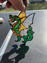 Vintage Handmade Stained Glass Mythical Flying Dragon Suncatcher Ornament Green