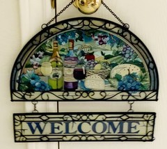 Welcome Hand Painted Stained Glass Art with Wine And Cheese Design