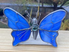 Stained Glass Butterfly Tea Light Stand Or Suncatcher Vintage Blue