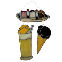 VINTAGE Set of 3 Stained Glass Suncatchers Ice Cream Cone Float Banana Split (1)