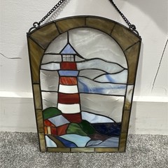 Stained Glass Lighthouse Suncatcher Window Panel, Multicolor, Metal Chain