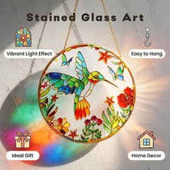 Stained Glass Suncatcher Spring Flowers & Hummingbird 8 Inch Handmade