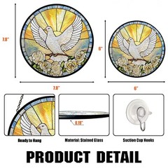 White Dove Stained Glass Suncatcher, Peace Bird Window Hanging with Roses