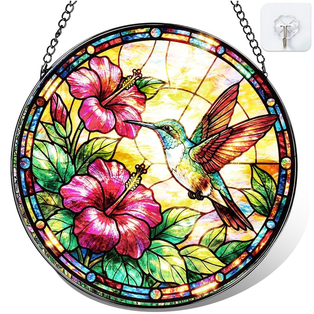 Colorful Hummingbird Stained Glass Suncatcher – 8 Inch Floral Window Decor