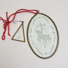 2 Vtg Engraved Glass Suncatchers Oval Carousel Horse Triangle Floral Brass