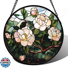 AMDERVEN Stained Glass Suncatcher, Light Pink Flowers Green Leaf Sun Catcher