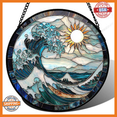 JOSUMALY Stained Glass Window Hanging – White Sun Big Wave Suncatcher for Door T