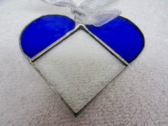 2 Handcrafted Blue & Clear Stained Glass Small HEARTS Stain Glass Textured
