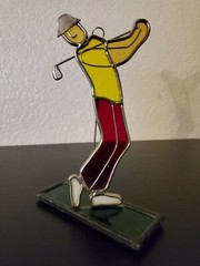 Stained Glass Golfer Swinging with Yellow Shirt and red Pants figure statue