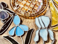 Vintage Stained Glass Lot Suncatcher Mosaic Bowl Iris Flowers Sailboat Art