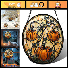 Stained Glass Window Hanging – Halloween Pumpkin Vine Suncatcher, Gothic Decor,