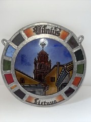 Vintage Stained Glass Sun Catcher Round Church & Signed Amber Gold 7.5”