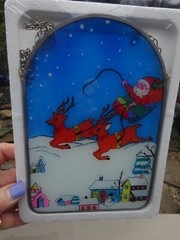 New Vintage Glass Leaded Window Hanging Christmas Santa w Whip Flying Reindeer