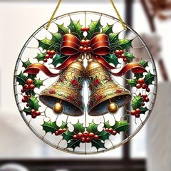 Christmas Bells Acrylic Suncatcher Holly Window Ornament Hanging Holiday Decor
