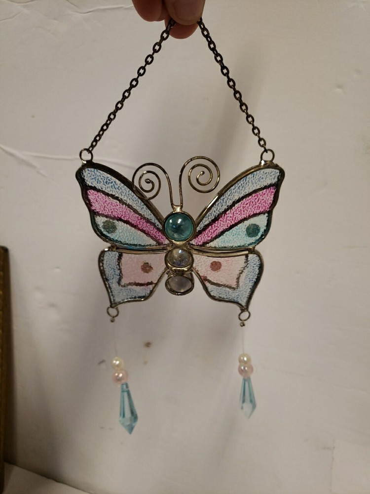 VTG STAINED GLASS 3D BUTTERFLY SUNCATCHER Dangling Beads Marble Body CHAIN Pink