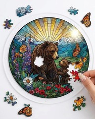 Stained Glass Suncatcher Custom Bear Family Puzzle Gift