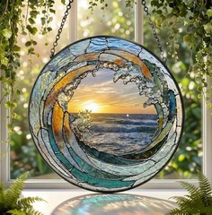 Ocean Wave Stained Glass Suncatcher