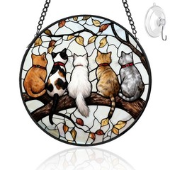 “Stained Glass Sun Catcher Five Kitties Panel Decor for Gifts, 9.8×9.8 in”