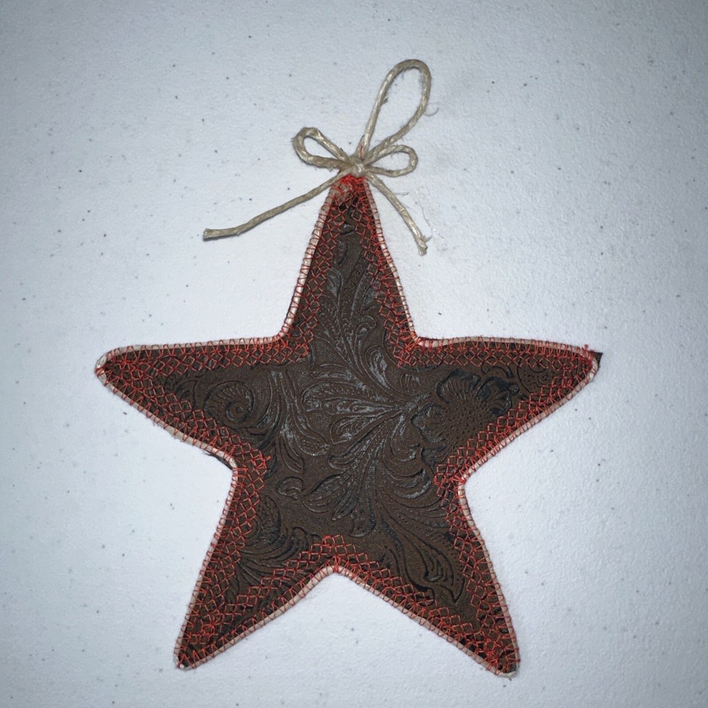 Western Tooled Suede Star Christmas Tree Ornament – Cowboy Decor – Handmade 7″