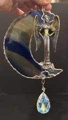 Celestial Crescent Stain Glass Moon Pewter Angel Hanging Crystal Suncatcher