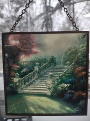Thomas Kinkade Hanging Glass Sun Catcher Garden Stairway 4 7/8” X 4 7/8”