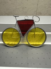 Stained Glass Bicycle Suncatcher w/Yellow Wheels & Red Triangular Frame 5″x3.25″