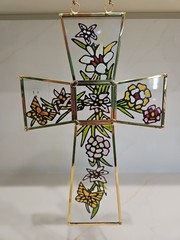 Sun Catcher Cross with Stained Glass & Hand Painted Gold Frame Floral