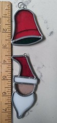 2- Holiday Sun Catchers Stained Glass Bell & Santa Claus Vintage Ornaments
