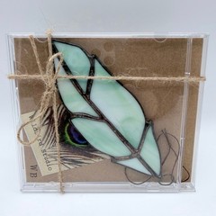 Wildbird Studio Stained Art Glass 6″ Bird Feather Ornament Blue Green Suncatcher