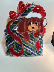Vintage 80s Christmas Santa Puppy Dog Stained Sun Catcher Hanging Decoration