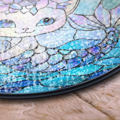 Cute Mermaid Cat Stained Glass Suncatcher, Fantasy Ocean Window Art