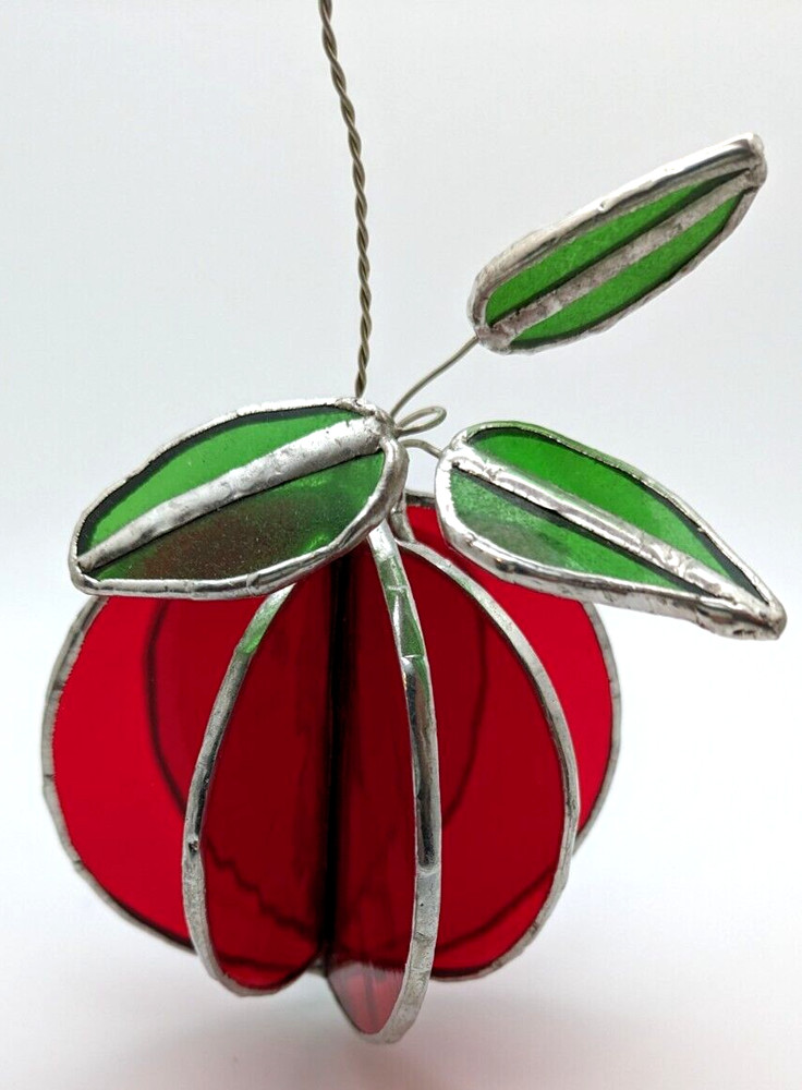 Stained Glass 3D Suncatcher Red Apple With Green Leaves Bright Pretty