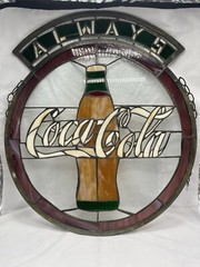 Vintage Handmade Stained Glass Coca Cola Hanging Sun Catcher 20 1/2 X 23 1/2