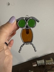 Vintage Stained Glass Sun Catcher Window Lead Owl Orange with green eye