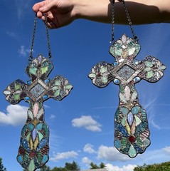 Vtg Set Stained Glasses Glass Mosaic Gothic Hanging Suncatchers